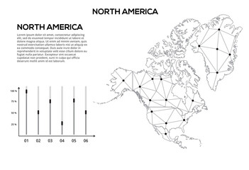 Poster - North America communication network map. Vector image of a low poly global map with city lights. Map in the form of lines and dots