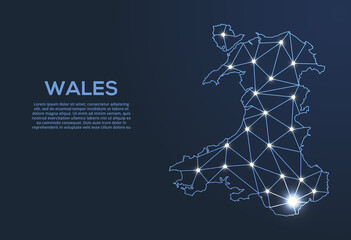 Poster - wales communication network map. vector low poly image of a global map with lights in the form of ci