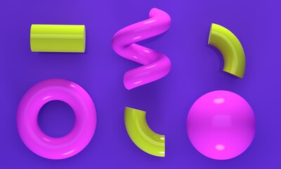 Poster - Abstract lilac background with shiny pink and green geometric shapes. Backdrop design for product promotion. 3d rendering