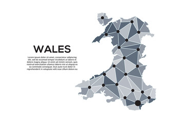 Poster - wales communication network map. vector image of a low poly global map with city lights. map in the 