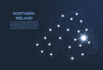 Poster - northern ireland communication network map. vector low poly image of a global map with lights in the