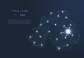 Poster - northern ireland communication network map. vector low poly image of a global map with lights in the