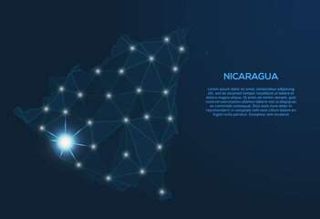 Poster - Nicaragua communication network map. Vector low poly image of a global map with lights in the form of cities. Map in the form of a constellation, mute and stars