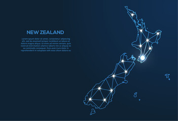 Poster - New Zealand communication network map. Vector low poly image of a global map with lights in the form of cities. Map in the form of a constellation, mute and stars