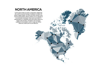 Poster - North America communication network map. Vector image of a low poly global map with city lights. Map in the form of triangles and dots