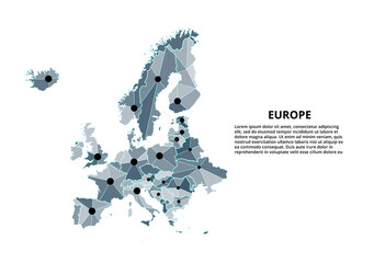 Poster - Europe communication network map. Vector image of a low poly global map with city lights. Map in the form of triangles and dots
