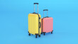 Two suitcases, yellow and pink on a blue background. Copy space for text. 3d render