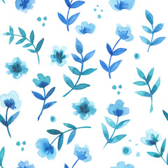  Pattern of flowers and grasses painted with watercolors on white background. Green leaves and flowers on a white background.