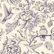 canvas print picture - Sketch pattern with birds and flowers. Monochrome flower design for web, wrapping paper, phone cover, textile, fabric, postcard