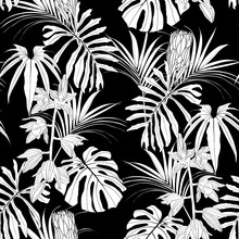 Exotic Flower And Palm Leaves Illustration. Black White Line Seamless Pattern. Black Background.