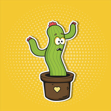Vintage Cactus Sticker With A Yellow Background. Pop Art Style.