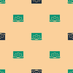 Green and black Software, web development, programming concept icon isolated seamless pattern on beige background. Programming language and program code on screen laptop. Vector