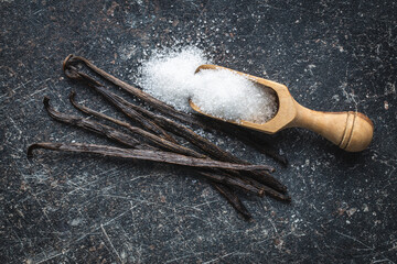 Poster - Vanilla pods. Sticks of vanilla and white sugar.