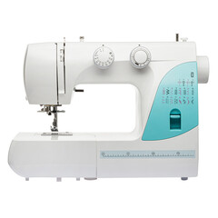 Sewing machine for sewing clothes from fabric on a white isolated background. Front view