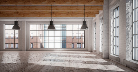 Loft interior in sunny bright day