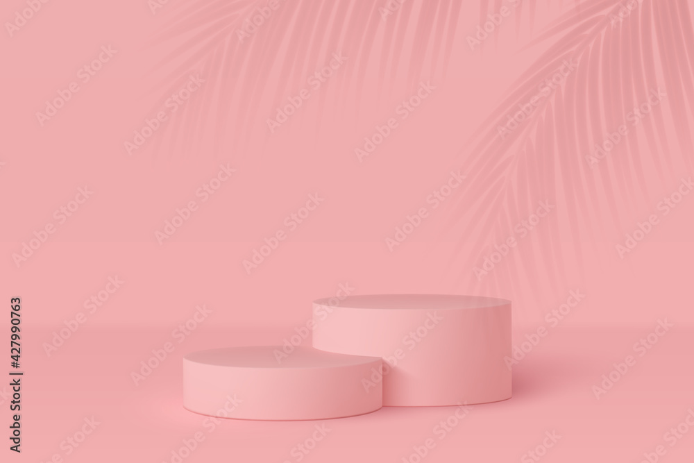 3d podium scene with palm leaves shadow. Mockup for product presentation with copy space. Winner pedestal in studio, minimal background in pink or coral color. Vector illustration. - obrazy, fototapety, plakaty 