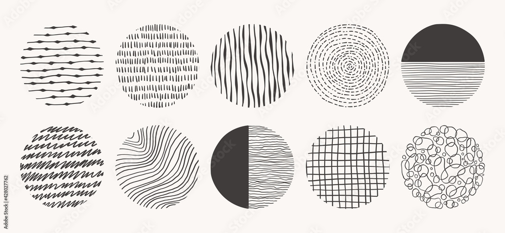 Vector de Stock Set of circle hand drawn patterns. Vector textures made ...