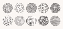 Geometric Doodle Shapes Of Spots, Dots, Circles, Strokes, Stripes, Lines. Set Of Circle Hand Drawn Patterns. Vector Textures Made With Ink, Pencil, Brush. Template For Social Media, Posters, Prints.
