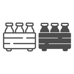 Poster - Box with milk bottles line and solid icon, dairy products concept, packaging for milk sign on white background, Milk bottles in carrier icon in outline style for mobile, web design. Vector graphics.
