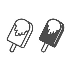 Poster - Ice cream on stick line and solid icon, dairy products concept, chocolate ice cream bar sign on white background, melting ice-cream icon in outline style for mobile and web design. Vector graphics.
