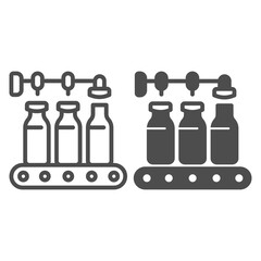 Poster - Conveyor with milk bottles line and solid icon, dairy products concept, bottling line sign on white background, Pour milk factory icon in outline style for mobile concept, web design. Vector graphics.