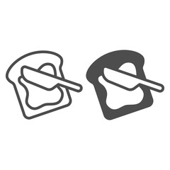Poster - Slice of buttered bread and knife line and solid icon, dairy products concept, toast slice with butter sign on white background, french-toast icon in outline style for mobile and web. Vector graphics.