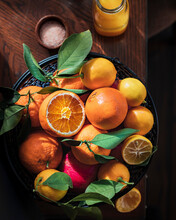 Citrus Fruits, Including Oranges And Lemons In A Basket.
