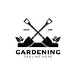 Gardening service vector round emblem with shovel