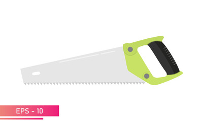 Wall Mural - A large, comfortable wood saw with a green handle. Realistic design. On a white background. Carpenter tools. Flat vector illustration.