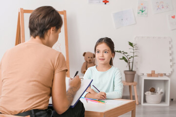 Female psychologist working with little girl at home