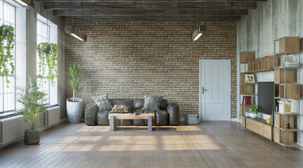 industrial style of living room with grungy walls, loft style, 3d render