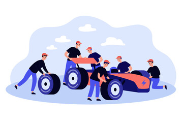 Poster - Maintenance team repairing car on pit stop. Mechanics in uniform fixing vehicle flat vector illustration. Formula racing, maintenance, repair concept for banner, website design or landing web page