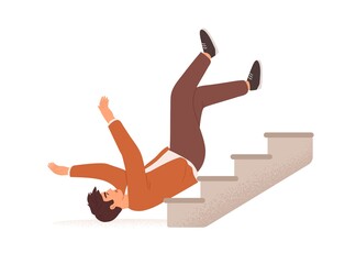 Poster - Person falling down from career ladder. Fall of young man from stairs. Failure, fiasco, problem and bad luck concept. Colored flat vector illustration of people in trouble isolated on white background