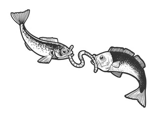 Fish fight for the worm sketch engraving vector illustration. T-shirt apparel print design. Scratch board imitation. Black and white hand drawn image.