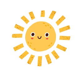 Poster - Cute happy summer sun character with funny smiling face. Childish drawing in Scandinavian style. Sunny weather doodle icon. Colored flat graphic vector illustration isolated on white background