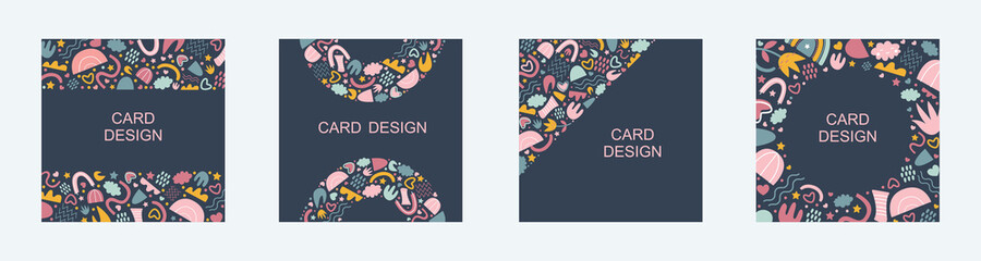 Poster - Scandinavian cards set , flyer template with hand drawn abstract shapes on dark blue background. Trendy graphic design of vector frames, borders with copy space	