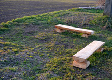 Rustic Bench Made Of Halved Debarked Logs With Legs Made Of Logs. Serves Most Often In Parks In The Countryside And By The Fireplace. The Undemanding Shape And Strength Of Wood Will Withstand Decades