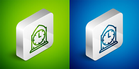 Sticker - Isometric line Clock icon isolated on green and blue background. Time symbol. Silver square button. Vector