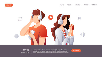 People with headphones listening to music, audio book or podcast. E-learning, online courses, relaxing concept. Vector illustration for website, poster, banner.