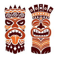Wall Mural - Tiki statue pole totem vector design - traditional decor set from Polynesia and Hawaii, tribal folk art background in brown 
