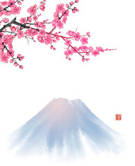 Wall Mural - Blossoming branch of oriental sakura cherry and Fujiyama mountain. Traditional oriental ink painting sumi-e, u-sin, go-hua. Sakura plum blossom. Hieroglyph - clarity