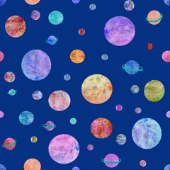 Multicolored psanets in blue space seamless pattern. Endless motif with watercolor texture for textiles, wallpapers, decor, web pages.