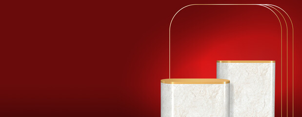 Poster - Two cylinder marble product display stand podium with gold metal on top and golden bar on red wall background.Banner mockup space for display of product design for online advertise.3d rendering