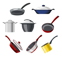 Cooking pans and pots colorful vector collection. Set of isolated icons skillet, saucepan for soup, roasting pan, and more cookware for cooking. Utensils logo design for frying food processing