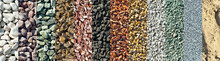 Drainage Systems From Small Pebbles. Garden Drainage For Plants And Trees. Collage Of Different Types Of Stones. Decorative Stones Of Different Colors And Sizes.