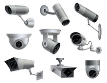Set Of Security Cameras. Decorative Surveillance Cameras. Safety Home Protection System. Illustration Of Vector Cctv And Camera Signs
