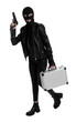 Woman wearing knitted balaclava with metal briefcase and gun on white background