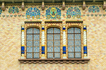 Poster - Poltava, Ukraine - April 14, 2021: Beautiful historical building in the Ukrainian Art Nouveau style. Museum of Local Lore in Poltava, Ukraine. Facade painted wall