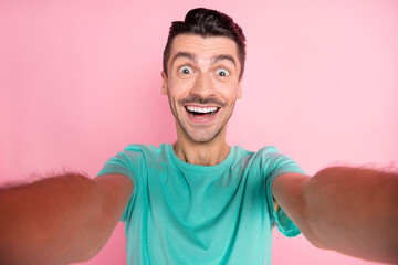 Canvas Print - Photo of young handsome man happy positive smile make selfie record video isolated over pastel color background