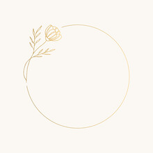 Circle Golden Frame With Elegant Flower. Vintage Style. Nature Motif. Vector Isolated Illustration.